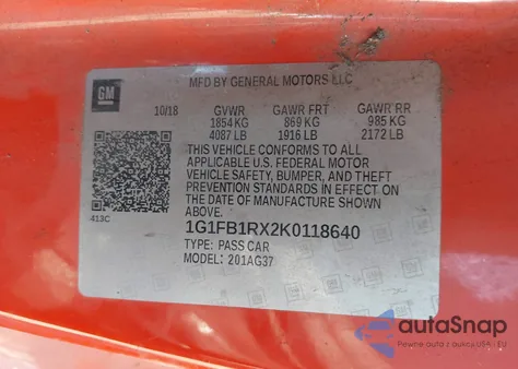 2019 Chevrolet Camaro 1Ls from USA, damaged, VIN 1G1FB1RX2K0118640